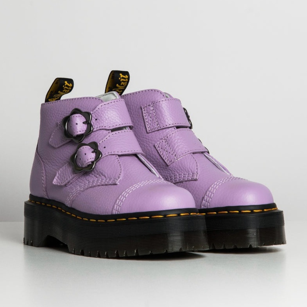 Dr. Martens Devon Flower Buckle Leather Platforms in Lilac
